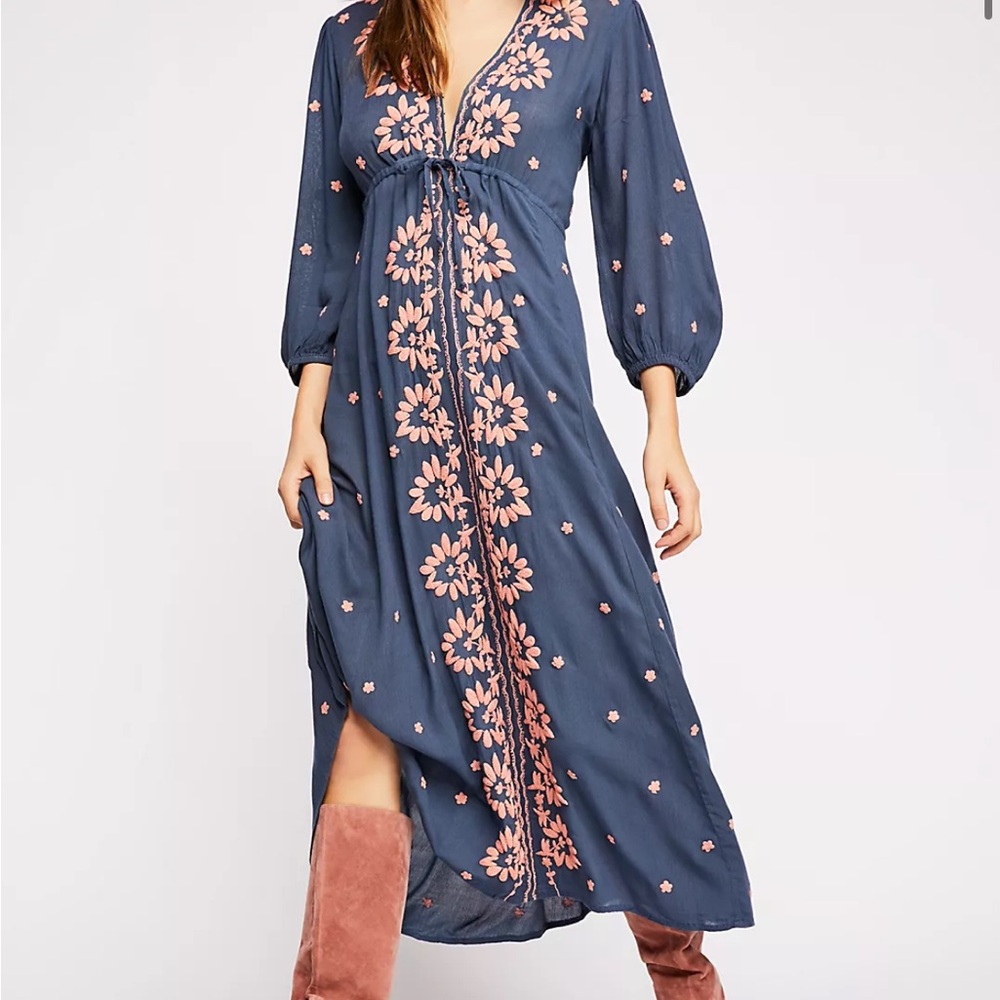 Free People Embroidered Fable Midi Dress Navy with Pink